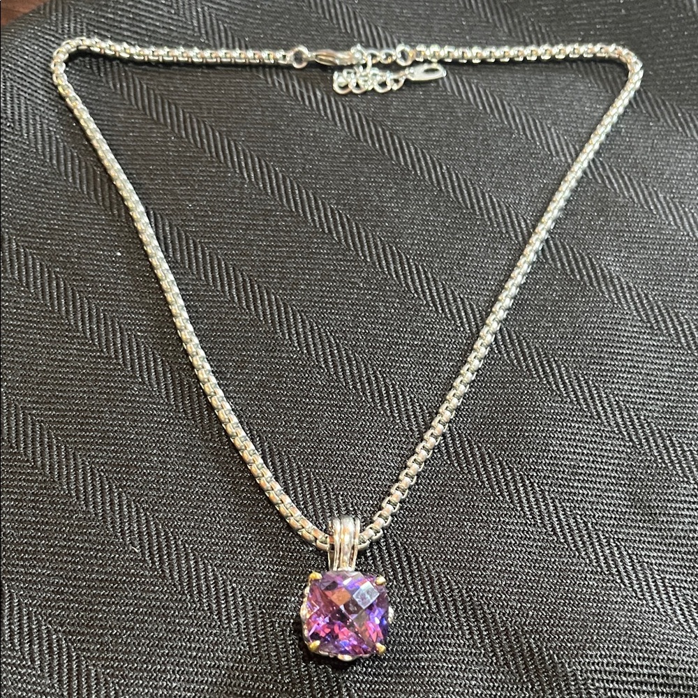 Elegant Silver Necklace with Amethyst colored Crystal Pendant